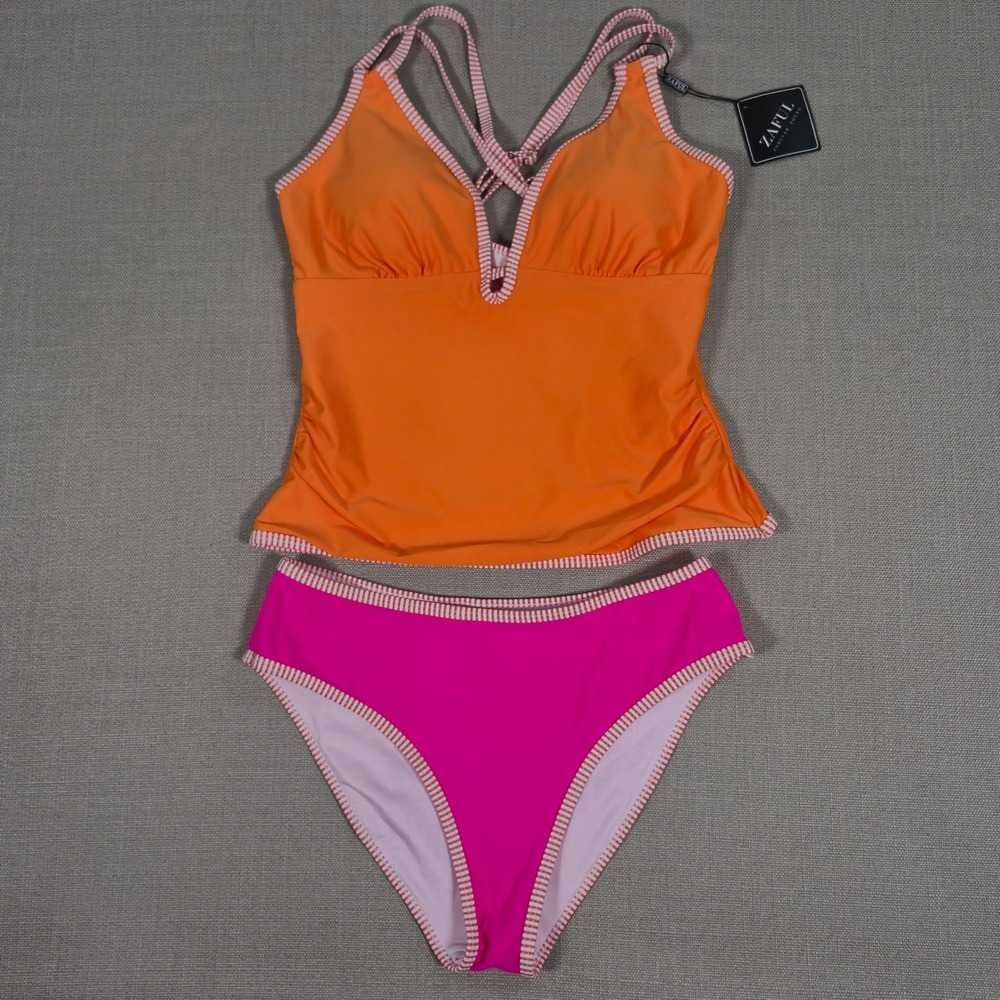 Zaful Women Orange Pink Tankini Swimsuit Set Tummy Control Ruched New with Tags